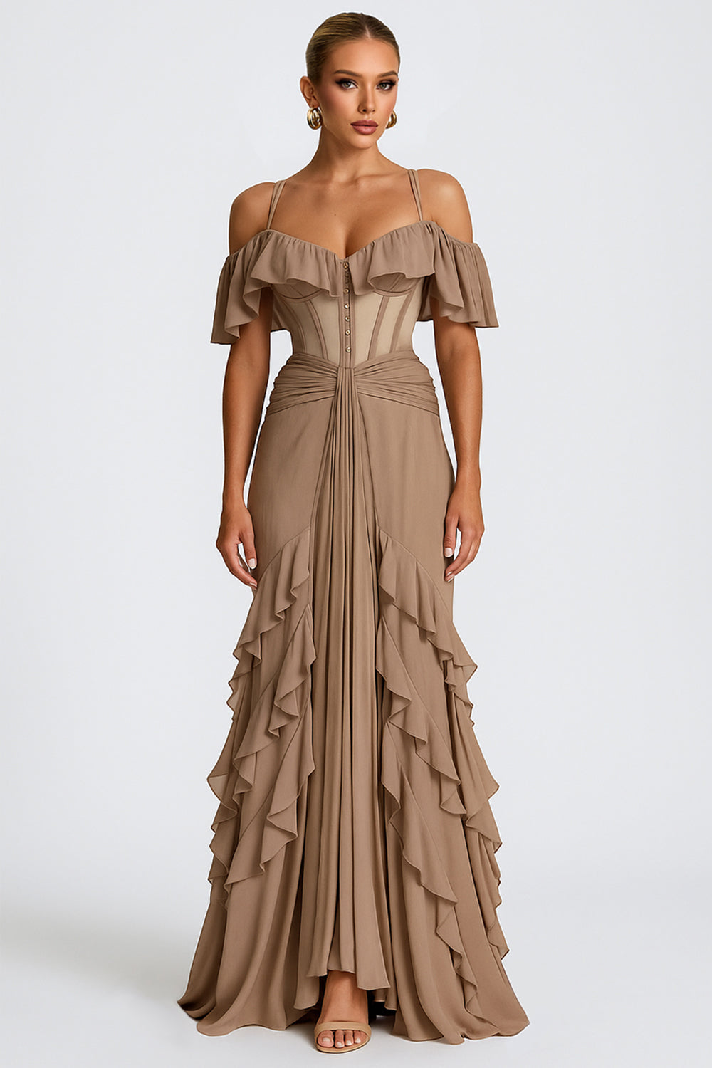 Cold Shoulder Layered Ruffle Wedding Guest Corset Maxi Dresses [Pre Or –  Prombaby
