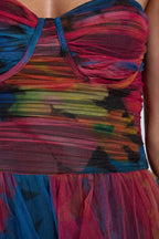 Strapless Ruched Cinch Waist Floral Print Tulle Midi Dresses-Fuchsia