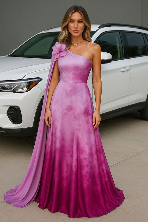 3D Flower Sash One Shoulder Ombre Print Party Maxi Dresses-Pink [Pre Order]