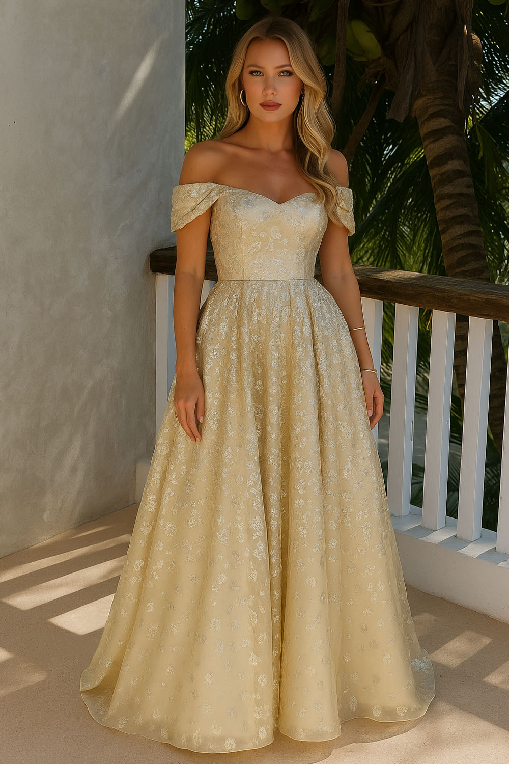 Off Shoulder Jacquard Formal Party Maxi Dresses-Champagne [Pre Order]