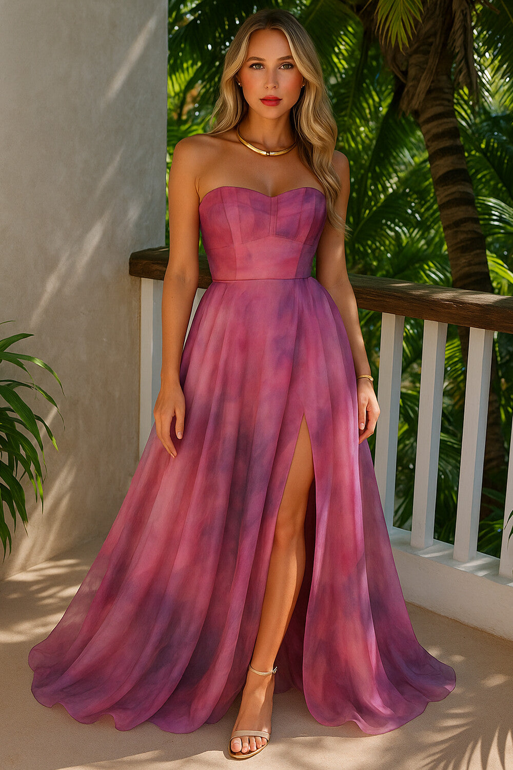 Strapless Corset Haze Print Mesh Slit Party Maxi Dresses-Orchid [Pre Order]