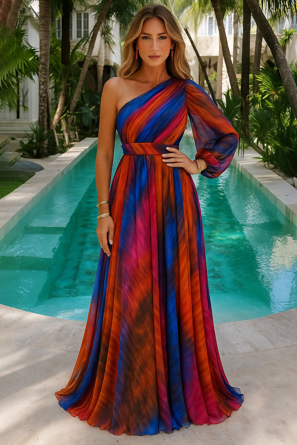 One Shoulder Bell Sleeve Ombre Print Vacay Maxi Dresses-Orange [Pre Order]
