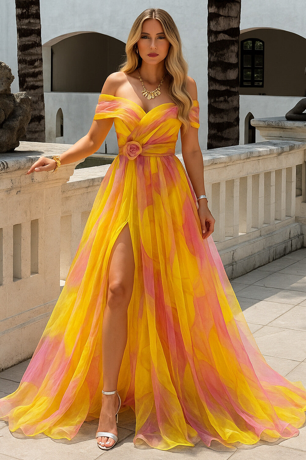 Off Shoulder Overlap Print Formal Party Maxi Tulle Dresses-Yellow [Pre Order]