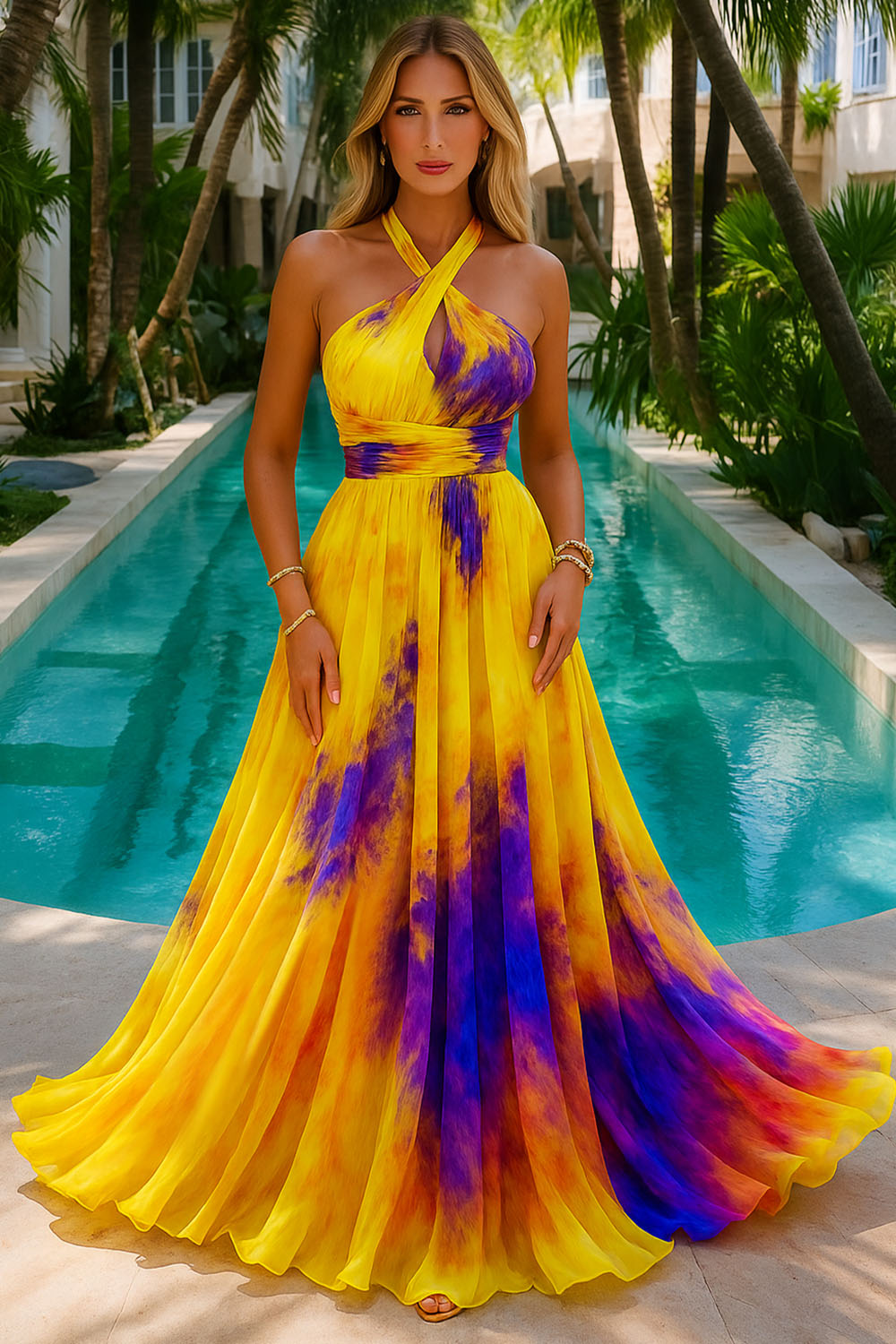 Cross Halter Haze Print Lettuce Trim Party Maxi Dresses-Yellow [Pre Order]