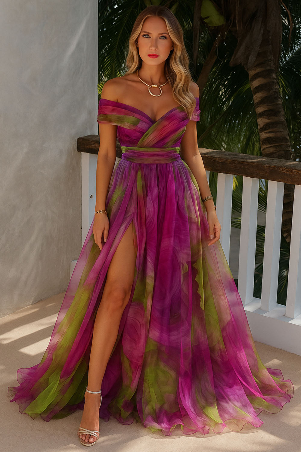 Off Shoulder Overlap Print Slit Party Maxi Tulle Dresses-Violet [Pre Order]