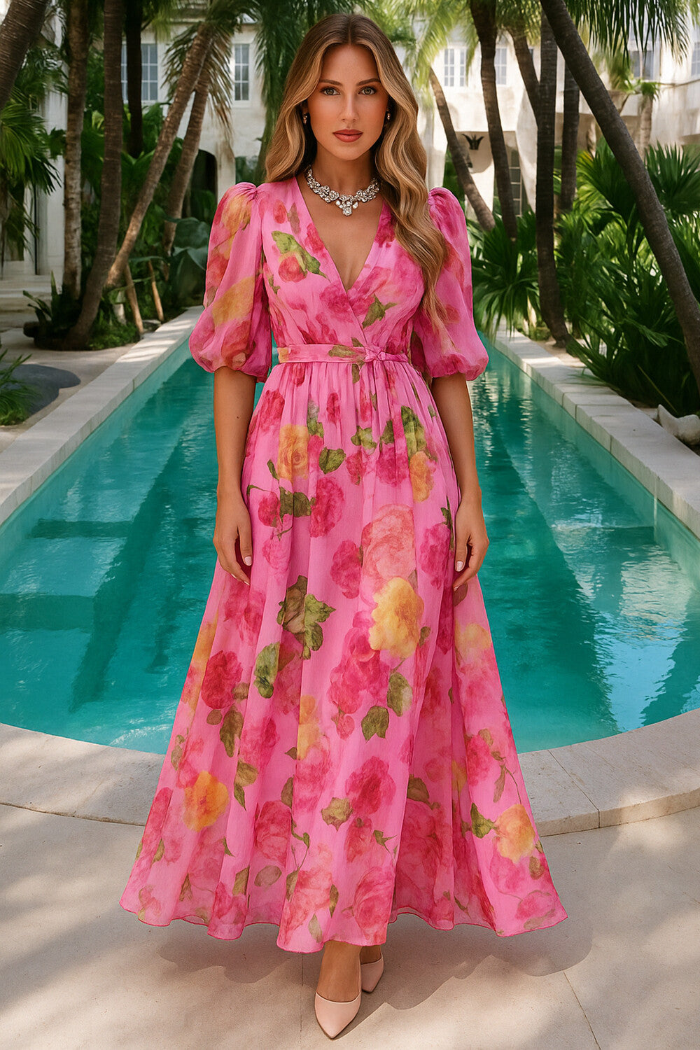 Surplice Neck Puff Sleeve Floral Print Vacay Maxi Dresses-Pink [Pre Order]
