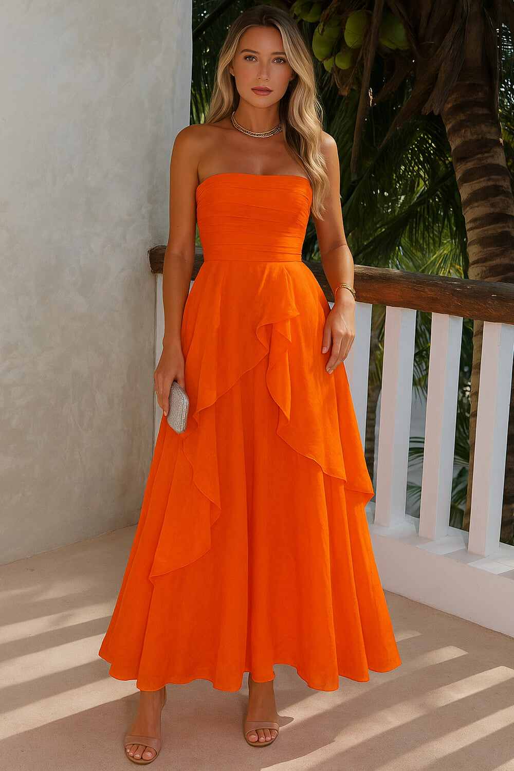 Strapless Overlay Cinched Waist Solid Party Maxi Dresses-Orange [Pre Order]