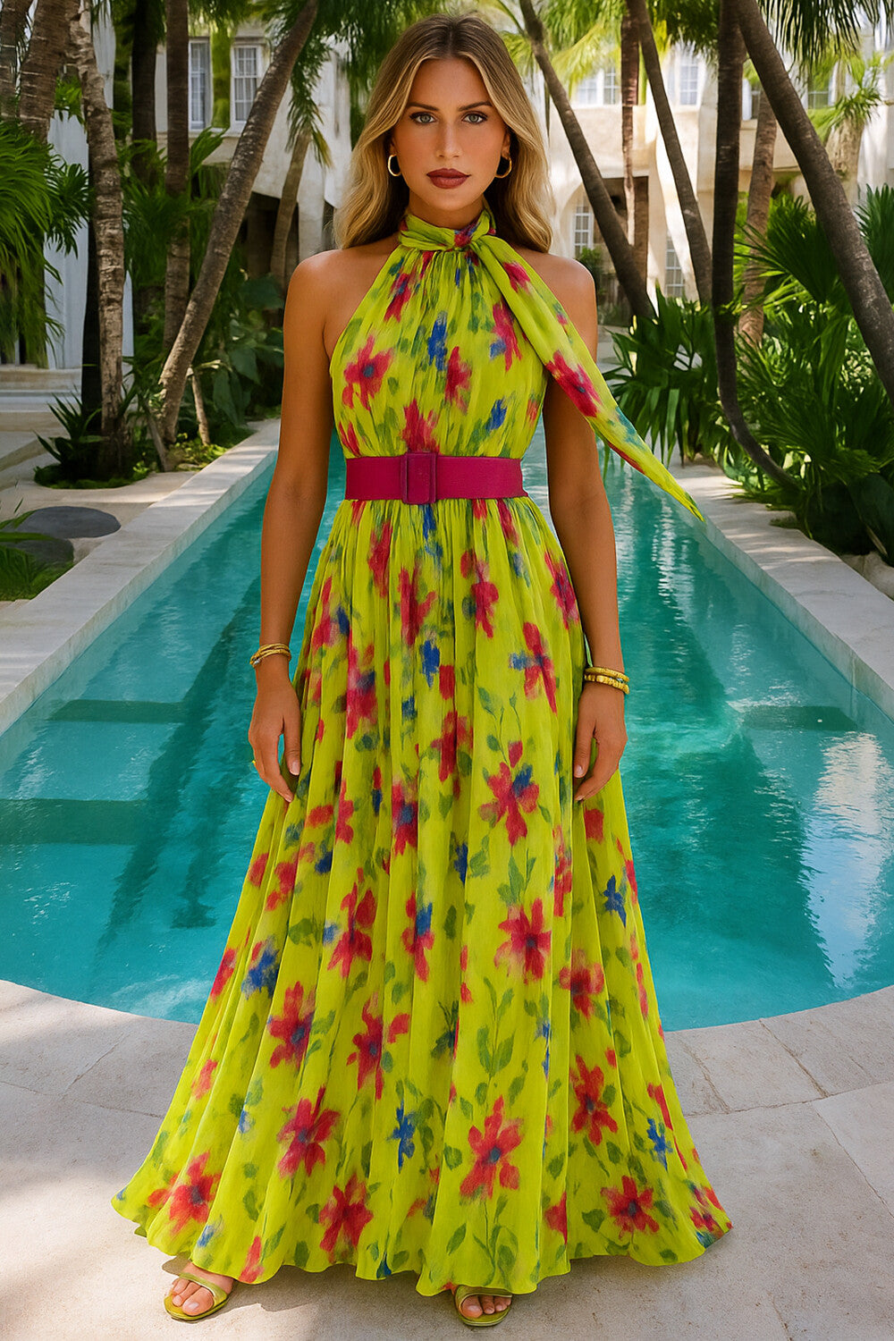 Sash Halter Floral Print Vacation Flowy Maxi Dresses-Green [Pre Order]