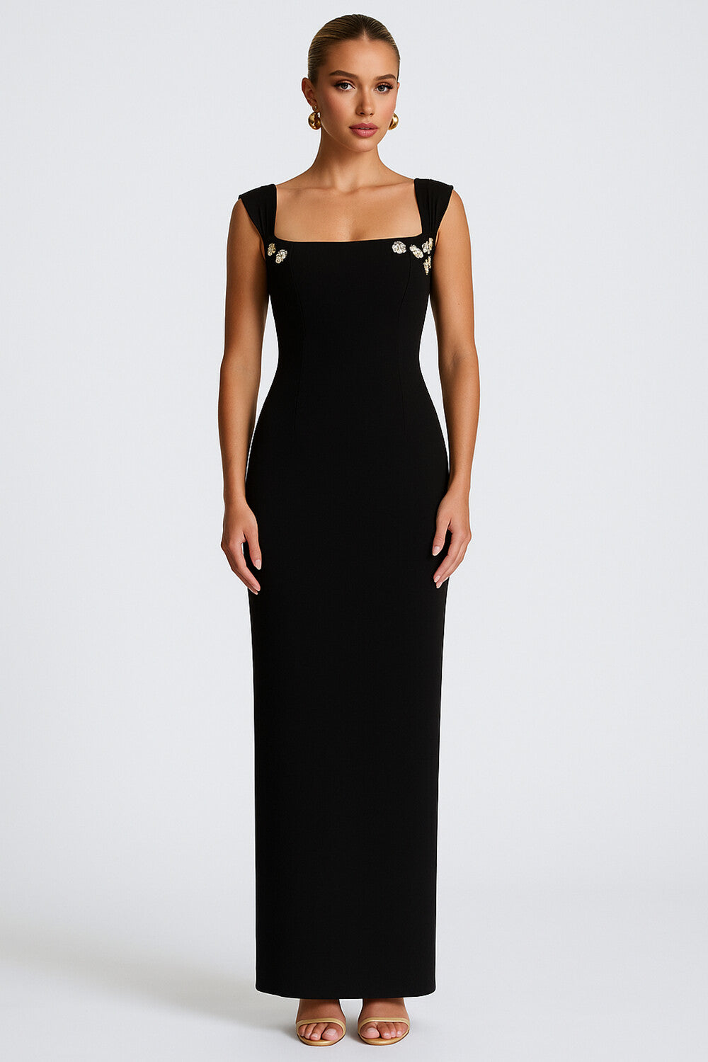 Square Neck Sleeveless Slim-Fit Formal Party Maxi Dresses-Black [Pre Order]