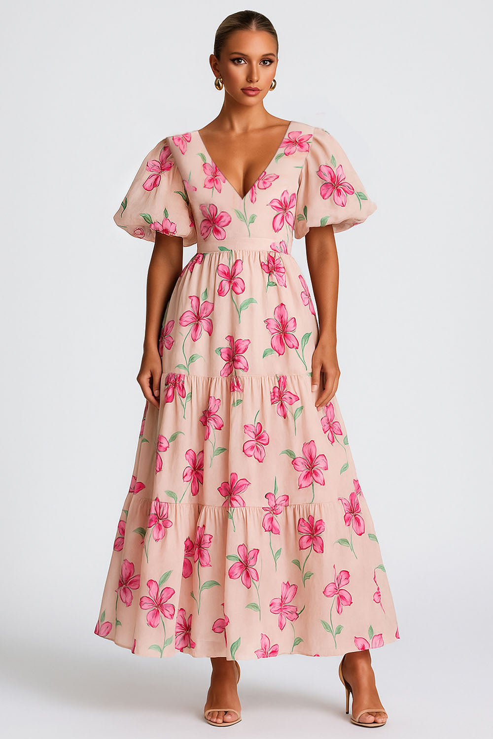 V Neck Puff Sleeve Floral Print Vacation Maxi Dresses-Pink [Pre Order]