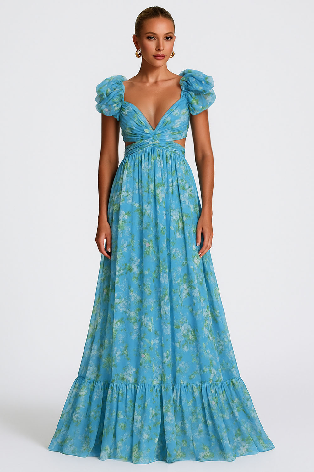 Puff Sleeve Cutout Floral Print Wedding Guest Maxi Dresses-Blue [Pre Order]