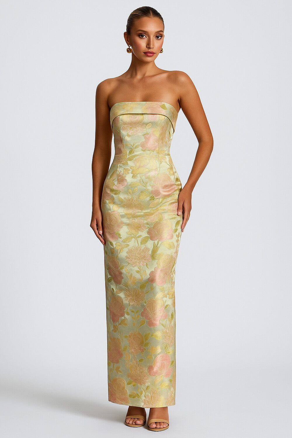 Strapless Bandeau Floral Print Satin Party Maxi Dresses-Green [Pre Order]