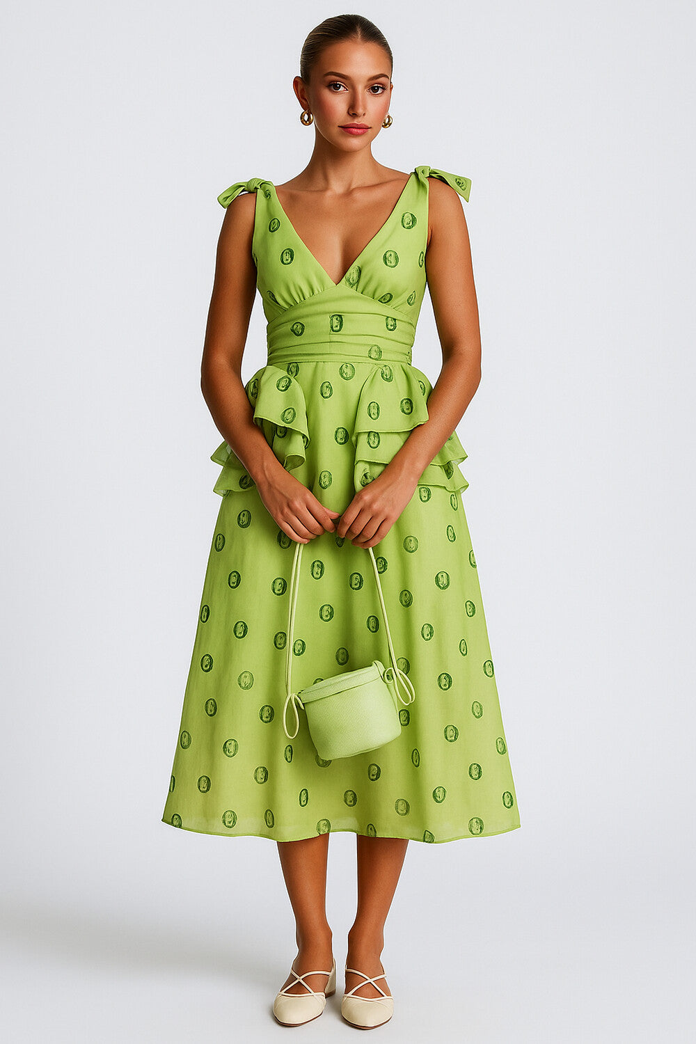 V Neck Ribbon Sleeveless Ruffle Print A-Line Midi Dresses-Green [Pre Order]