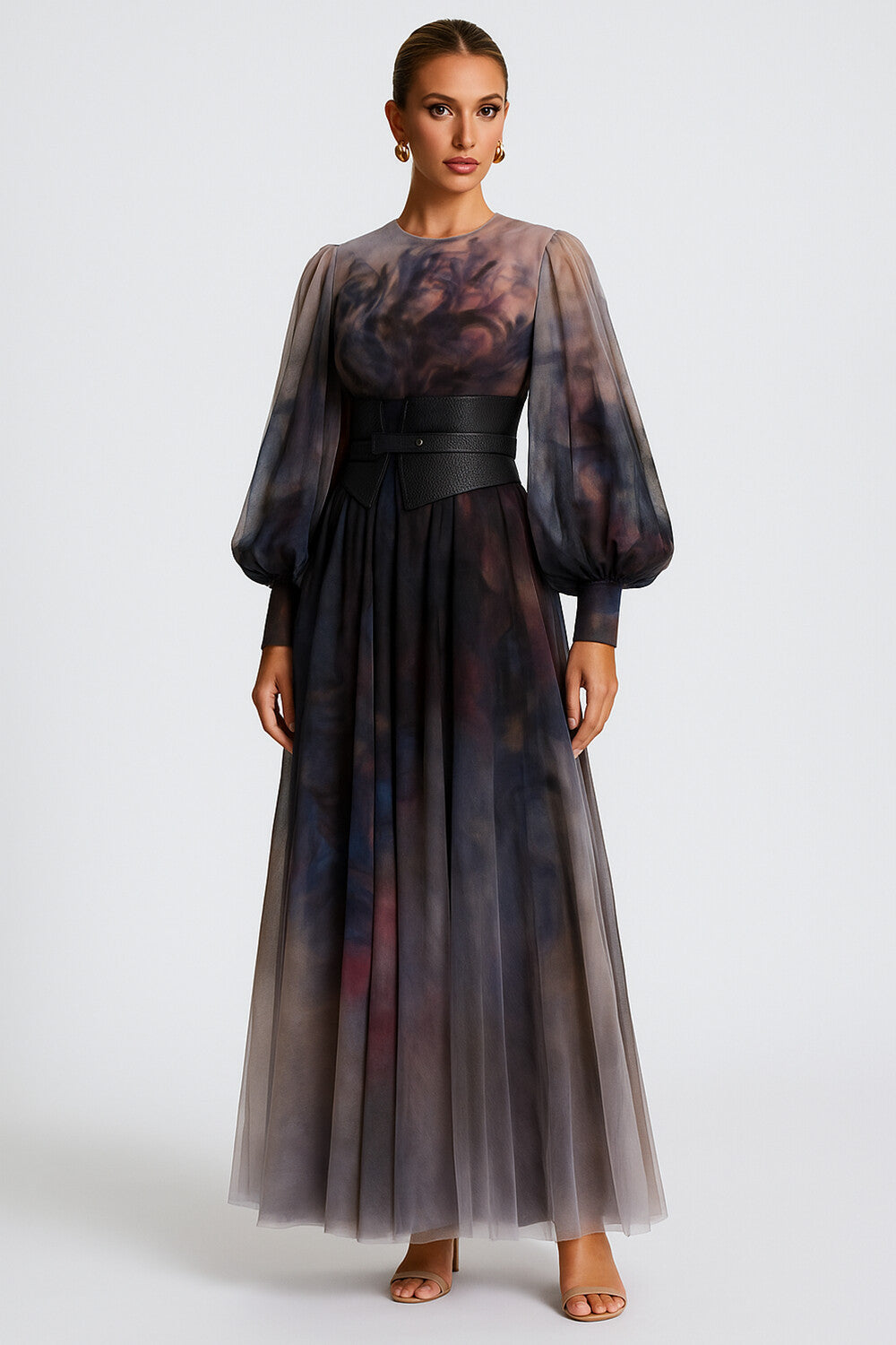 Lantern Sleeve Cinched Ombre Print Mesh Party Maxi Dresses-Black [Pre Order]