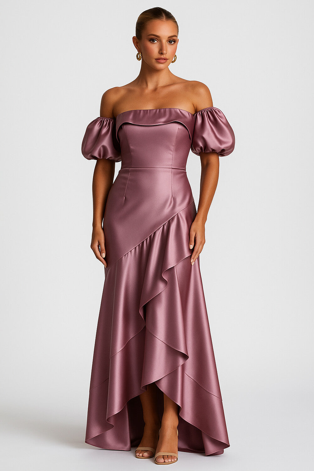 Strapless Puff Sleeve Overlap Ruffle Party Maxi Dresses-Pink [Pre Order]