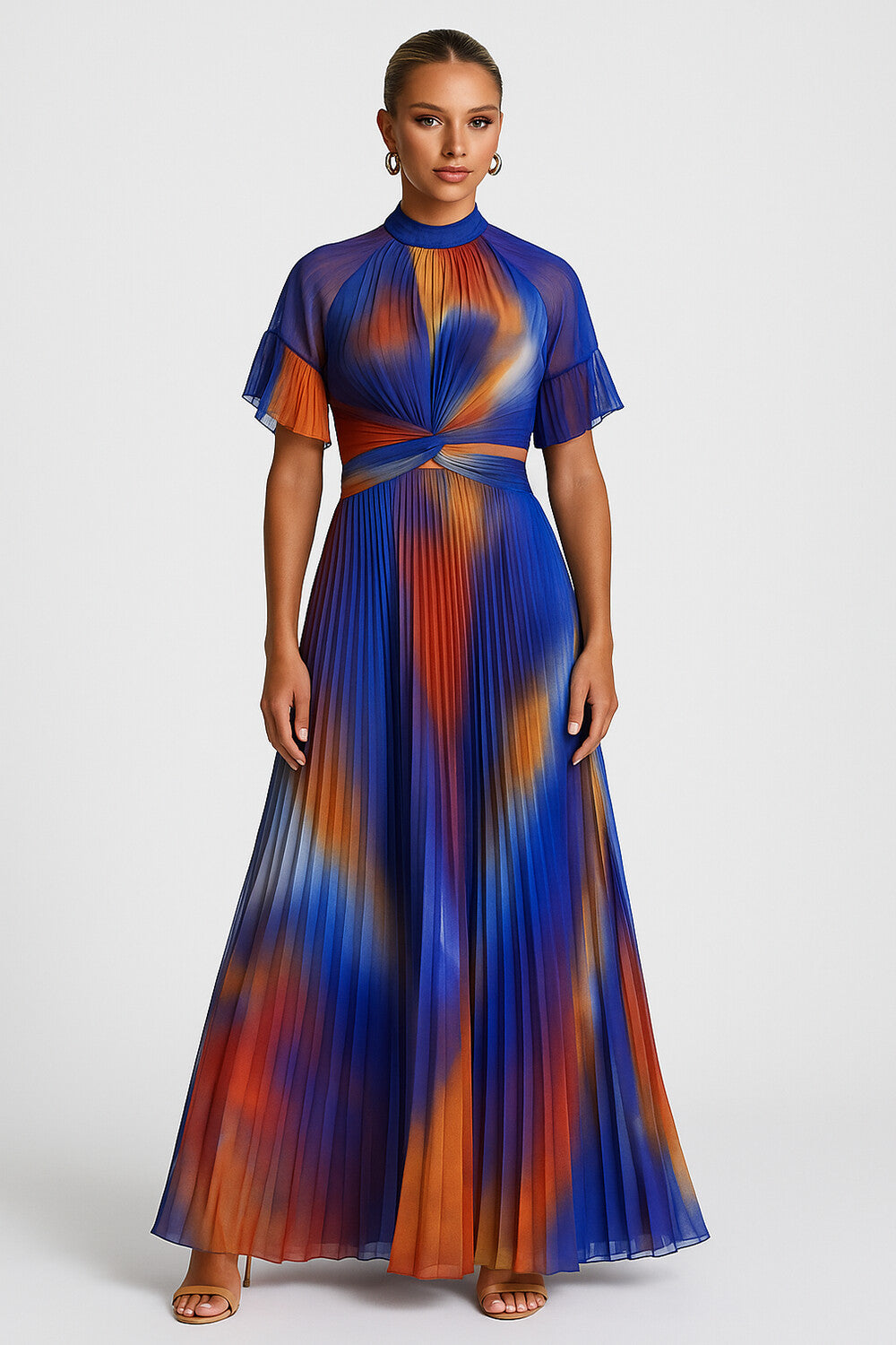 Short Sleeve Twisted Ombre Print Pleated Vacay Maxi Dresses-Blue [Pre Order]