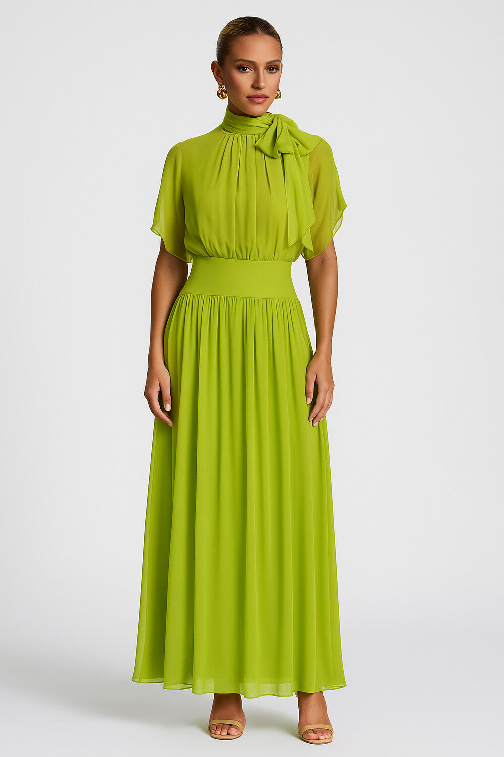 Ribbon Mock Neck Bat-Wing Sleeve Cinched Solid Maxi Dresses-Green [Pre Order]