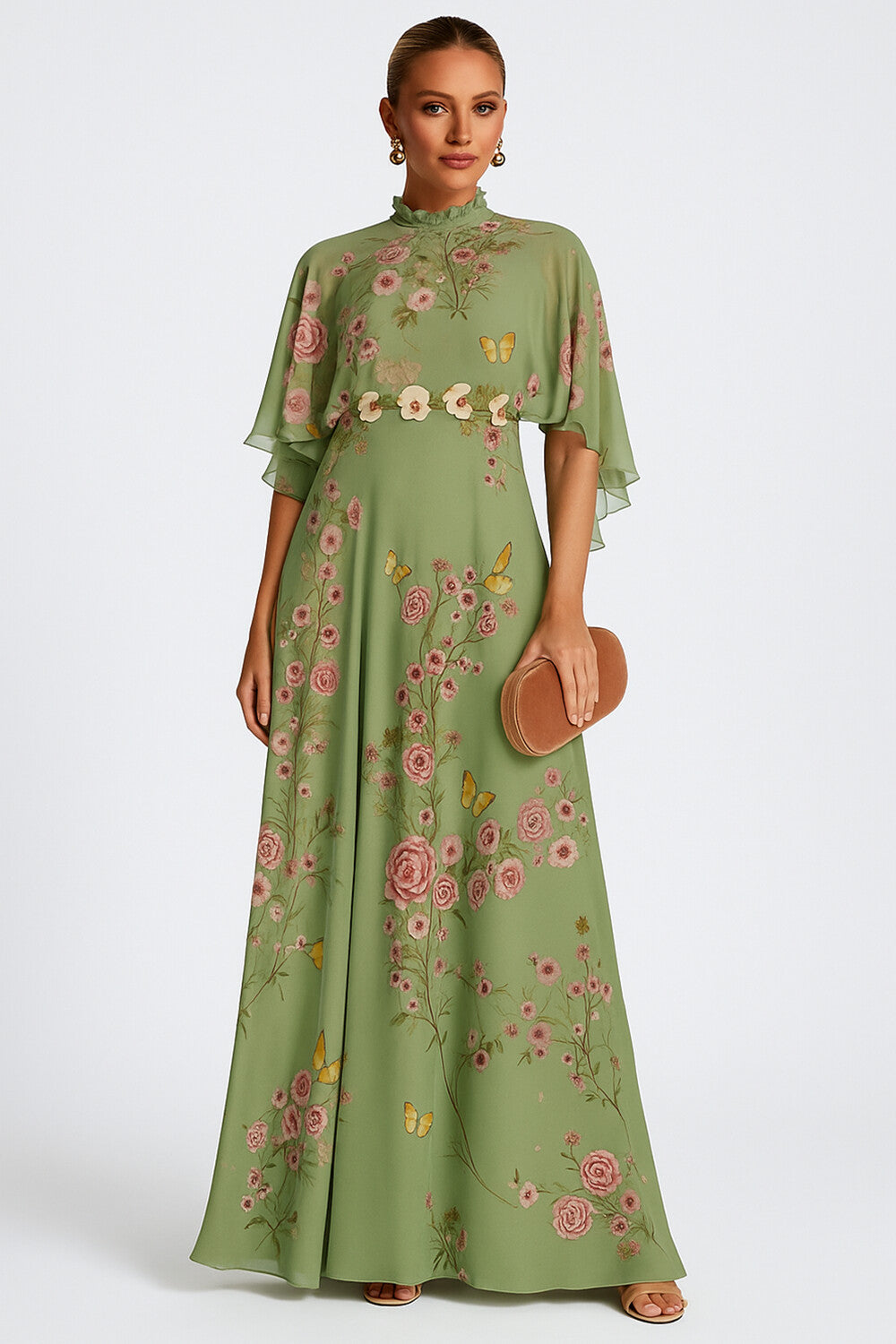 Chinese Neck Flutter Sleeve Floral Print Party Maxi Dresses-Green [Pre Order]