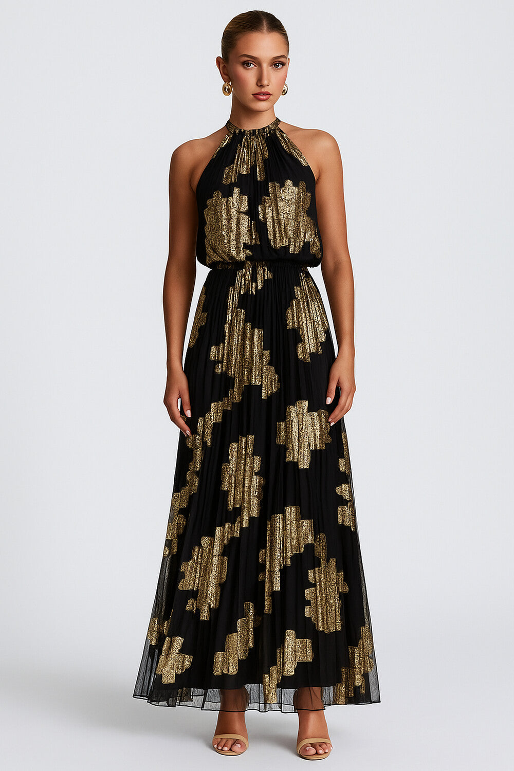 Foil Pattern Mesh Layered Halter Cinched Party Maxi Dresses-Black [Pre Order]