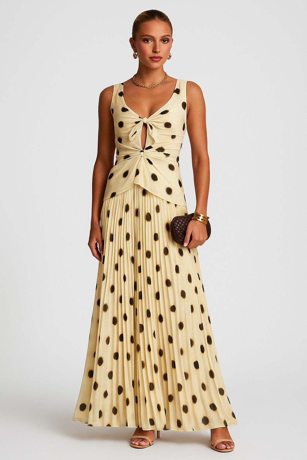Polka Dot Ribbon Ruched Vest Pleated Maxi Skirt 2pcs Set-Yellow [Pre Order]