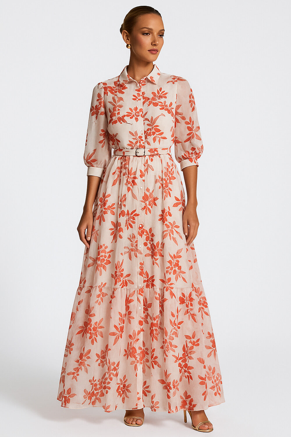 3/4 Sleeve Leaf Print Button Up Cinched Vacay Maxi Dresses-Beige [Pre Order]
