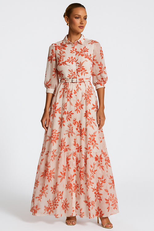 3/4 Sleeve Leaf Print Button Up Cinched Vacay Maxi Dresses-Beige [Pre Order]