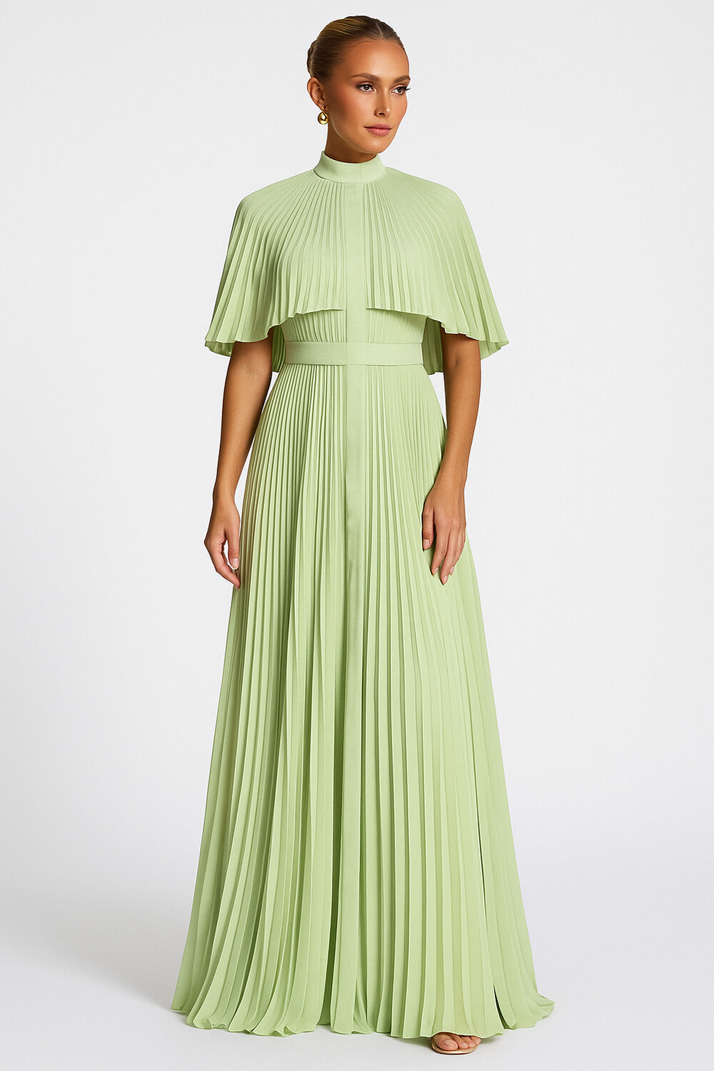 Mock Neck Allover Pleated Cinched Party Maxi Cape Dresses-Green [Pre Order]