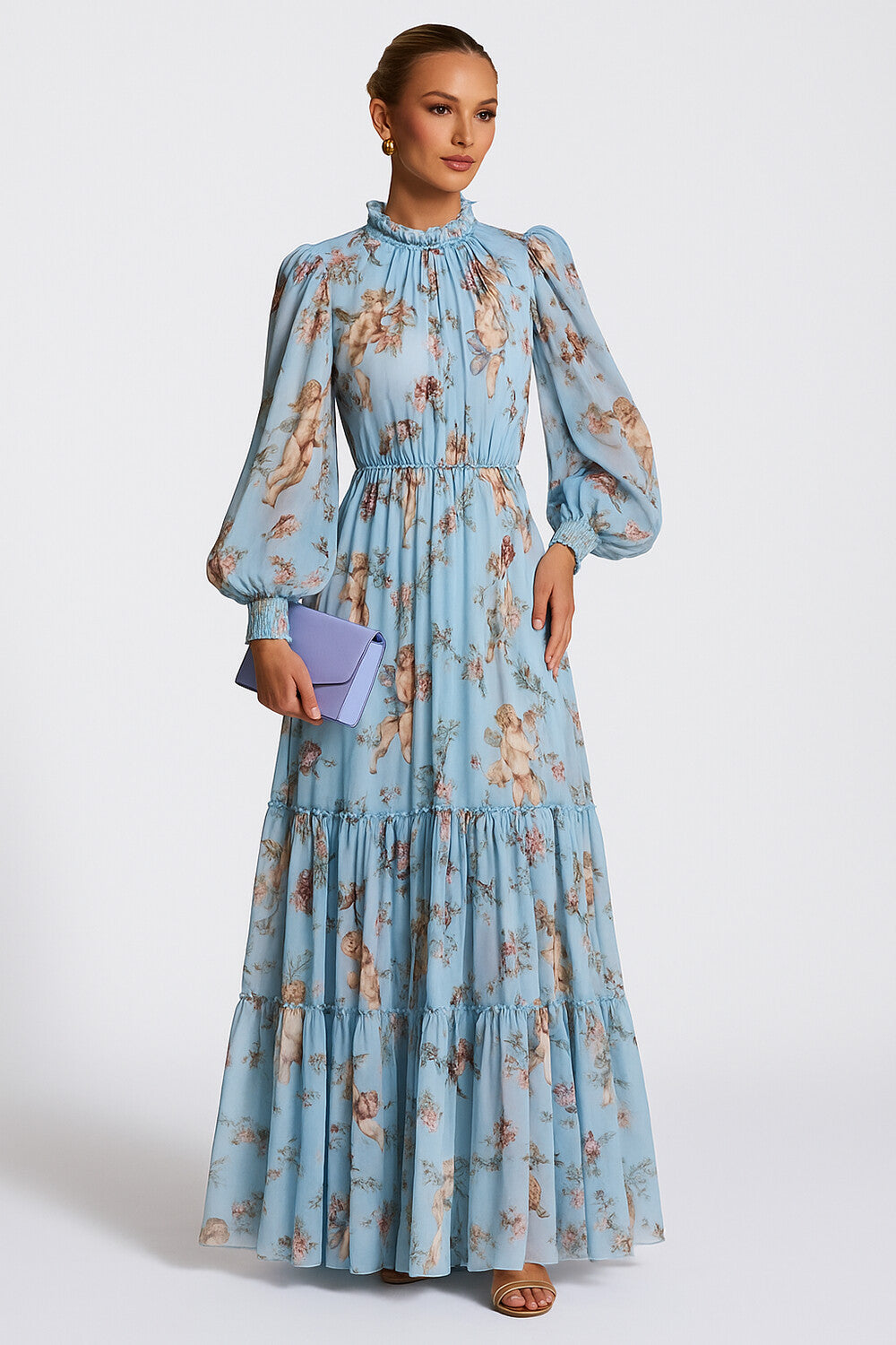 Ruffle Neck Long Bell Sleeve Floral Print Vacay Maxi Dresses-Blue [Pre Order]