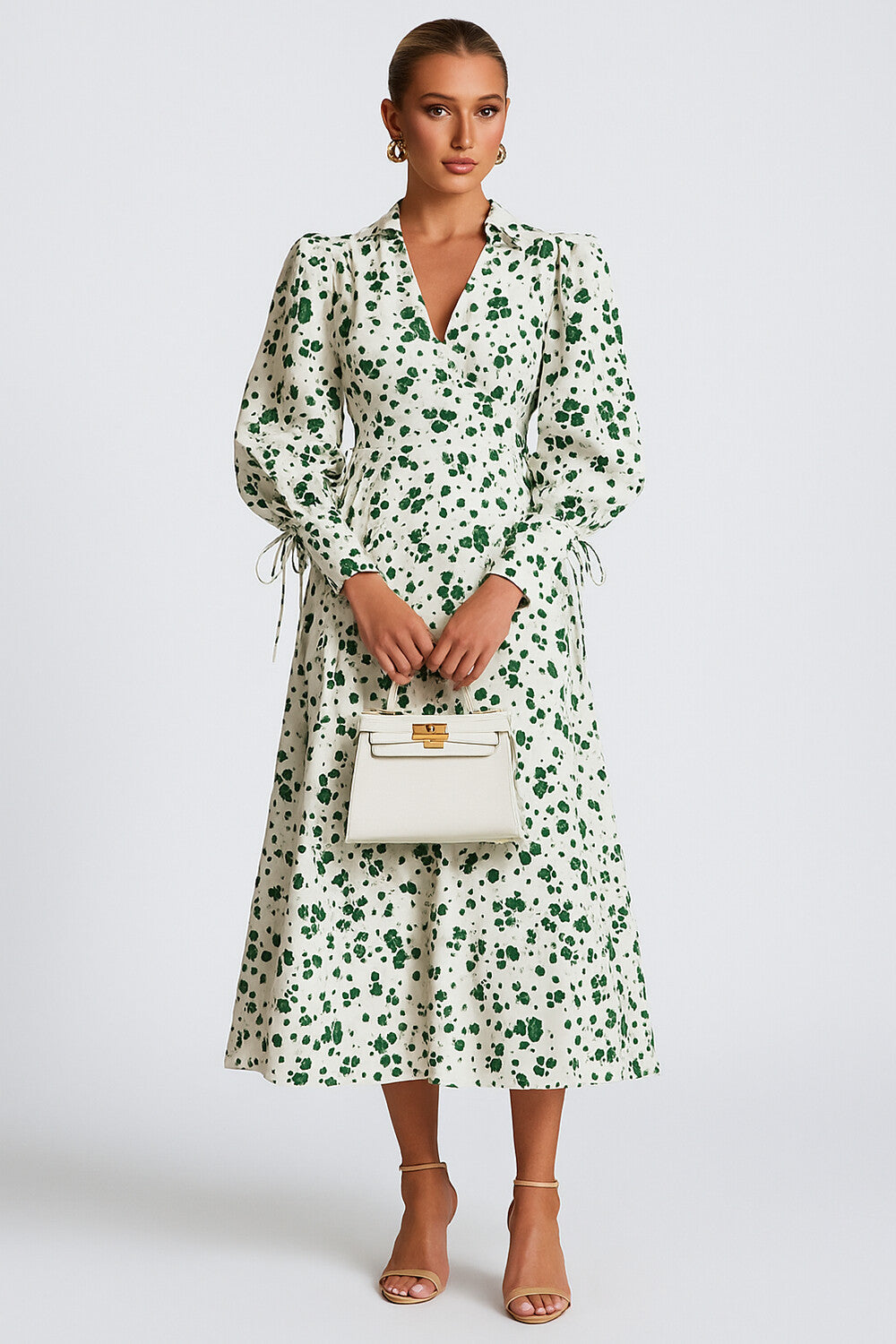 Smudge Print V Neck Lantern Sleeve Vacation Midi Dresses-Green [Pre Order]