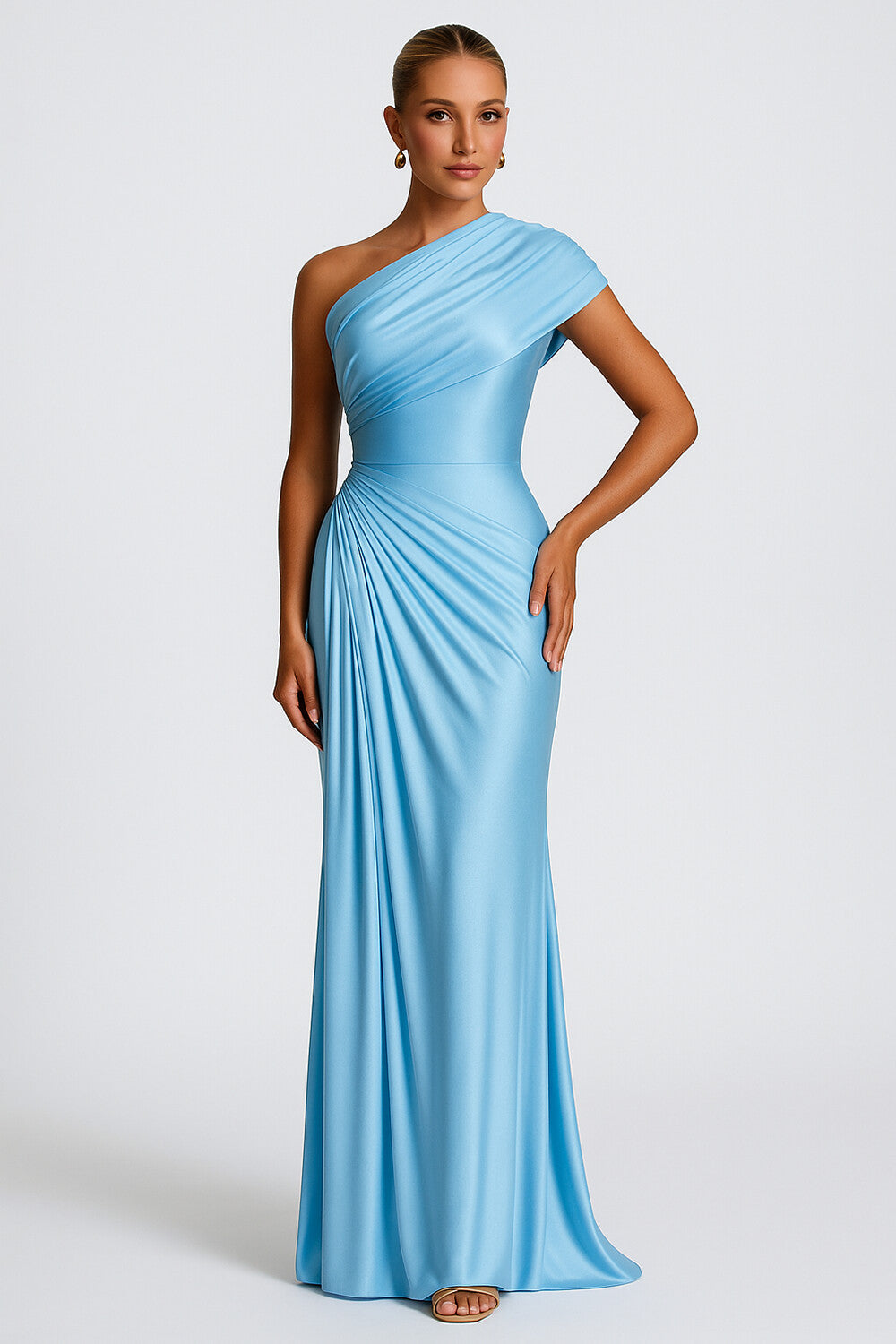 One Shoulder Cap Sleeve Ruched Formal Party Maxi Dresses-Blue [Pre Order]