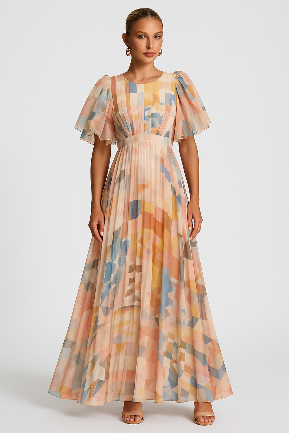 Flutter Sleeve Geometric Print Pleated Vacay Maxi Dresses-Pink [Pre Order]