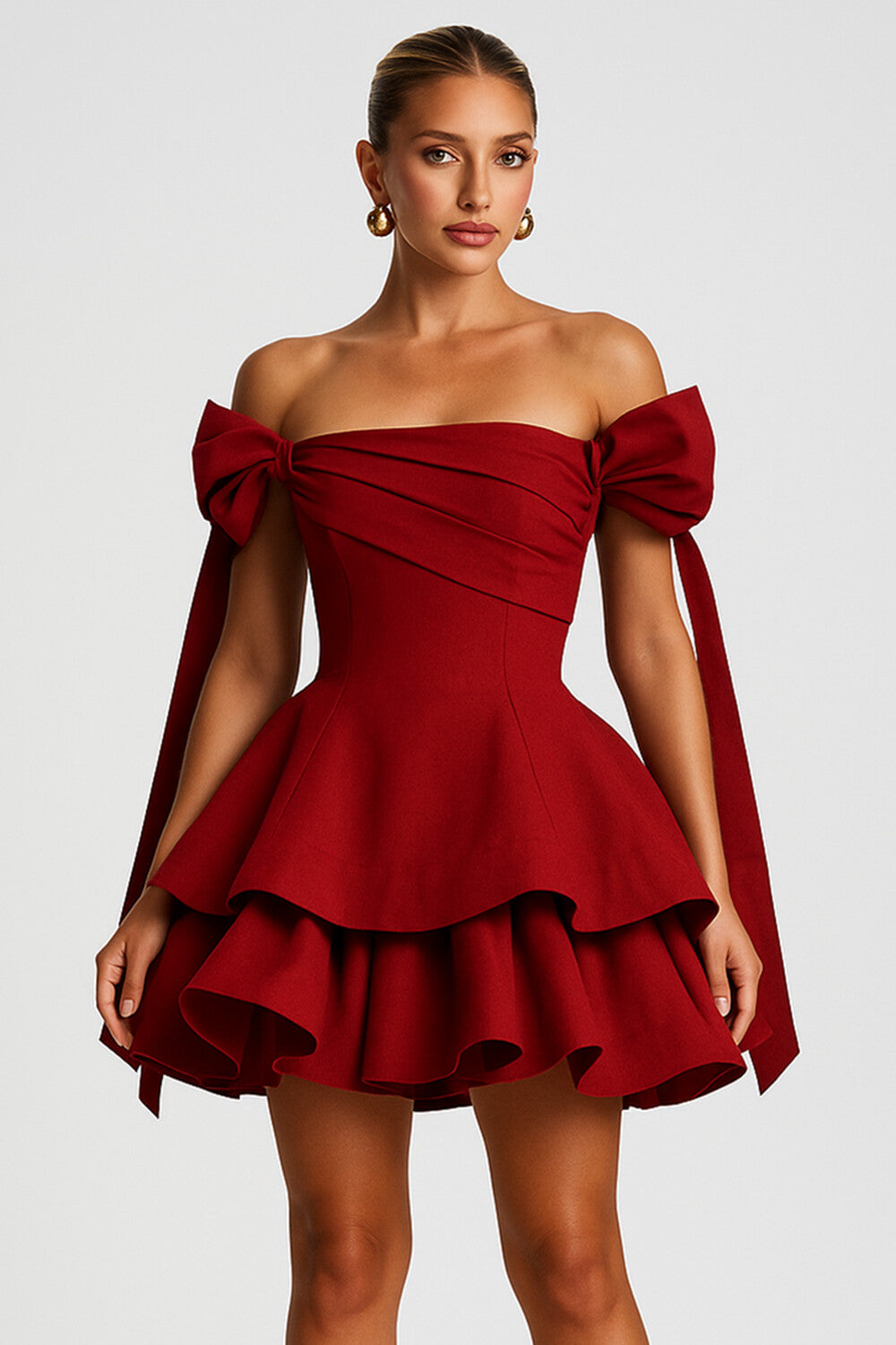 Off Shoulder Bow Sash Layered Hem A-Line Party Mini Dresses-Red [Pre Order]