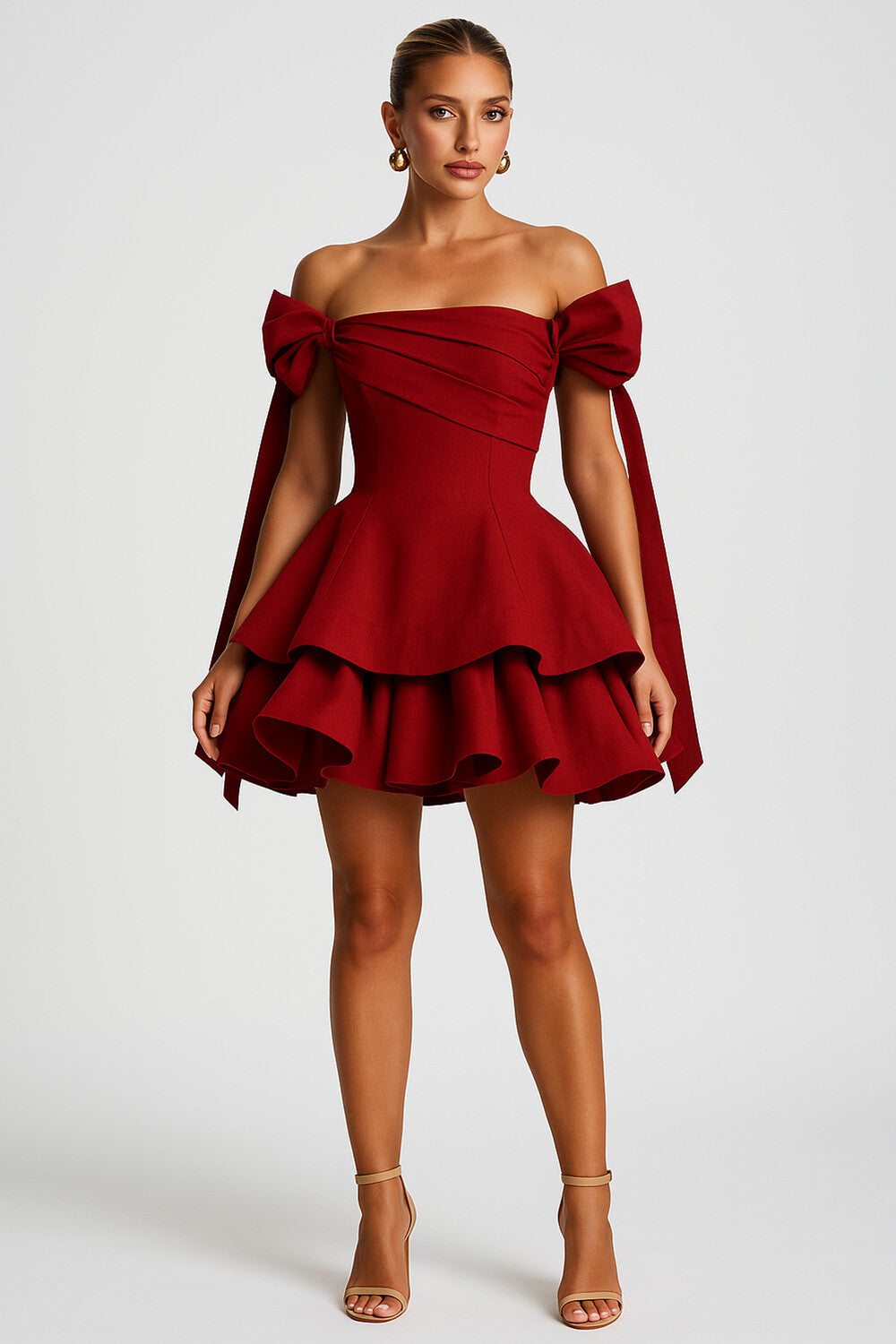 Off Shoulder Bow Sash Layered Hem A-Line Party Mini Dresses-Red [Pre Order]