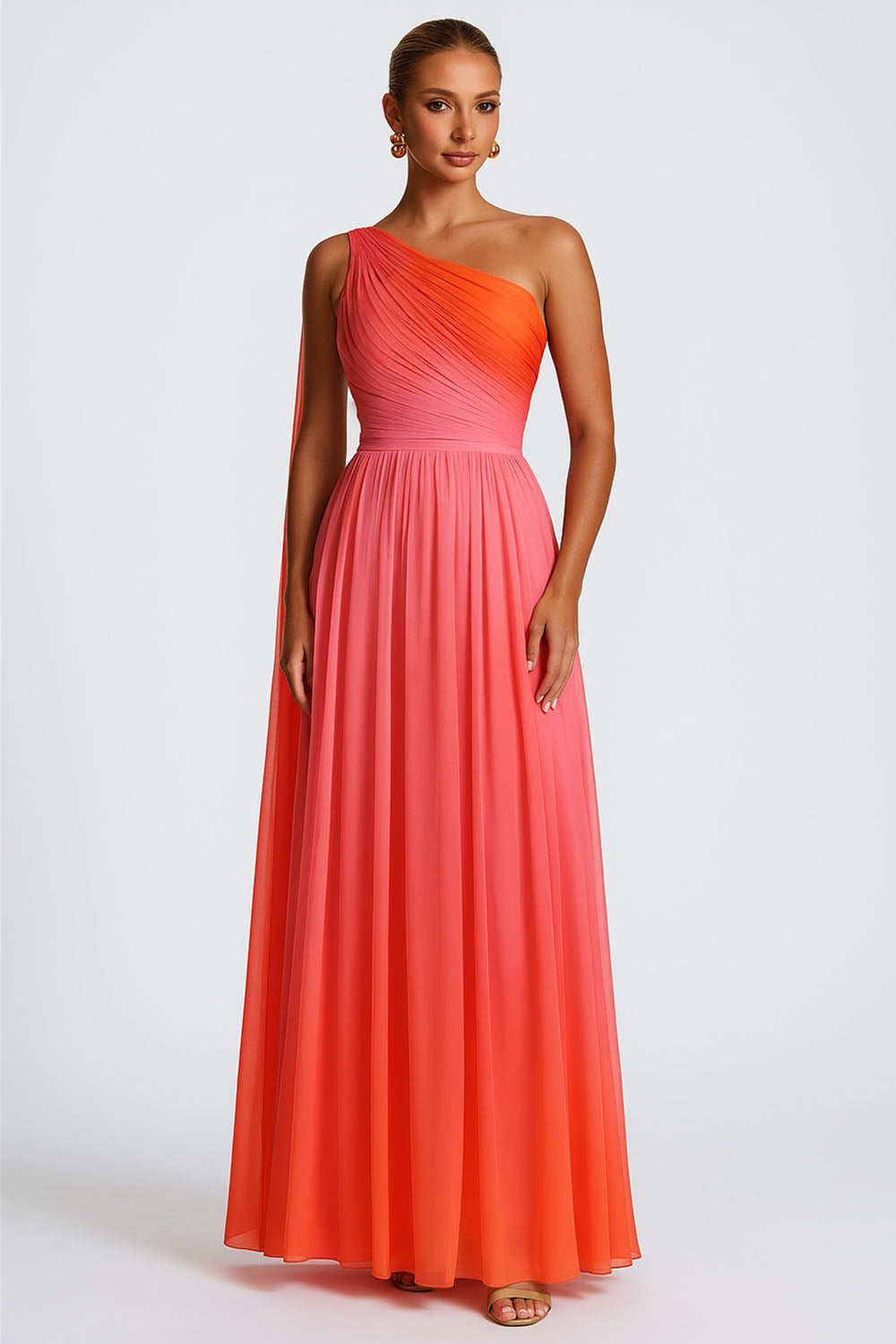 One Shoulder Sleeveless Wrinkle Formal Party Maxi Dresses-Orange [Pre Order]
