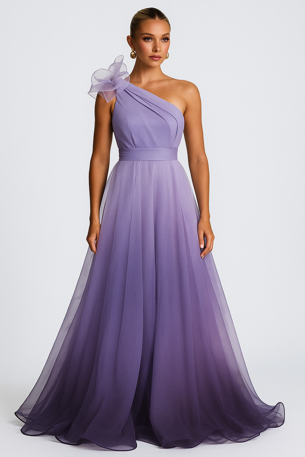One Shoulder Rosette Ombre Mesh Formal Party Maxi Dresses-Purple [Pre Order]