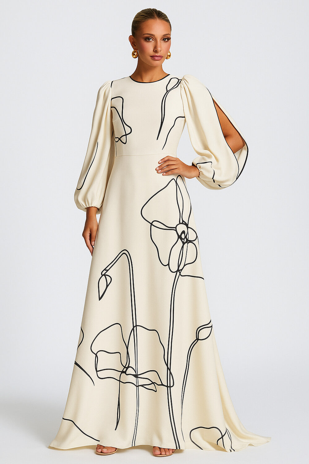 Sketch Floral Print Slit Lantern Sleeve Party Maxi Dresses-Beige [Pre Order]
