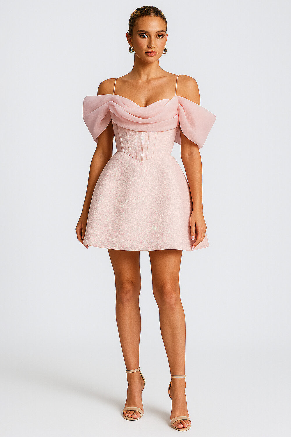 Cami Folds Mesh Decor Corset A-Line Party Mini Dresses-Pink [Pre Order]