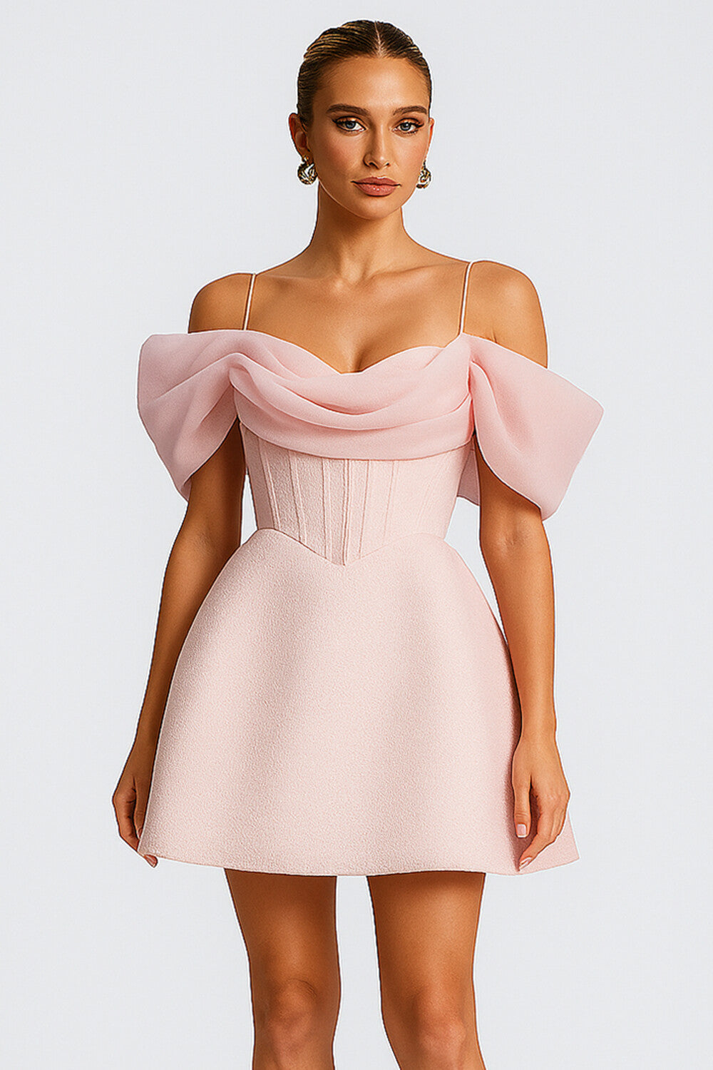 Cami Folds Mesh Decor Corset A-Line Party Mini Dresses-Pink [Pre Order]