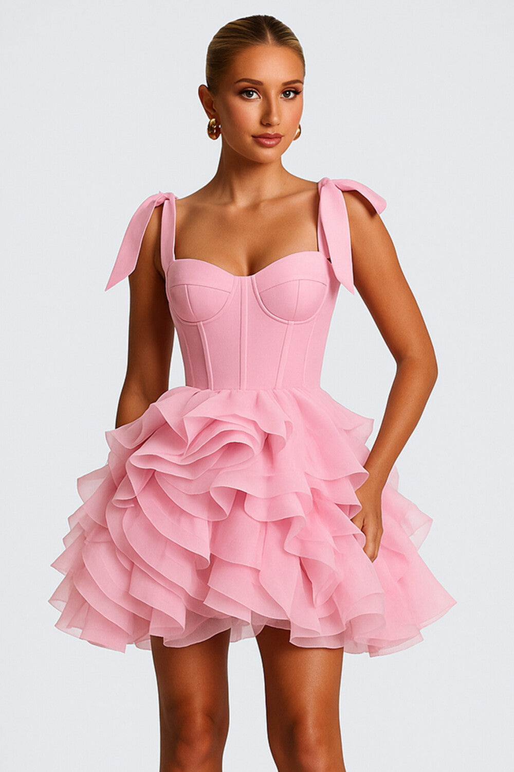 Ribbon Straps Corset Tulle Ruffle Hem Party Mini Dresses-Pink [Pre Order]