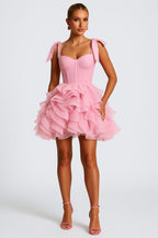 Ribbon Straps Corset Tulle Ruffle Hem Party Mini Dresses-Pink [Pre Order]