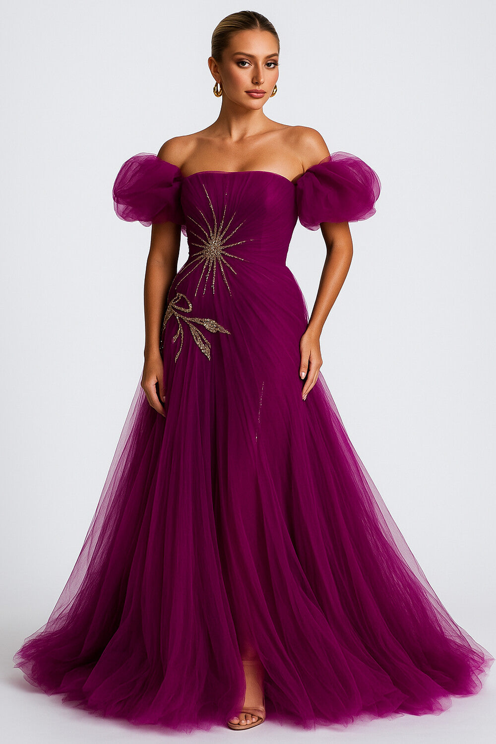 Off Shoulder Sleeve Rhinestone Party Maxi Tulle Dresses-Purple [Pre Order]