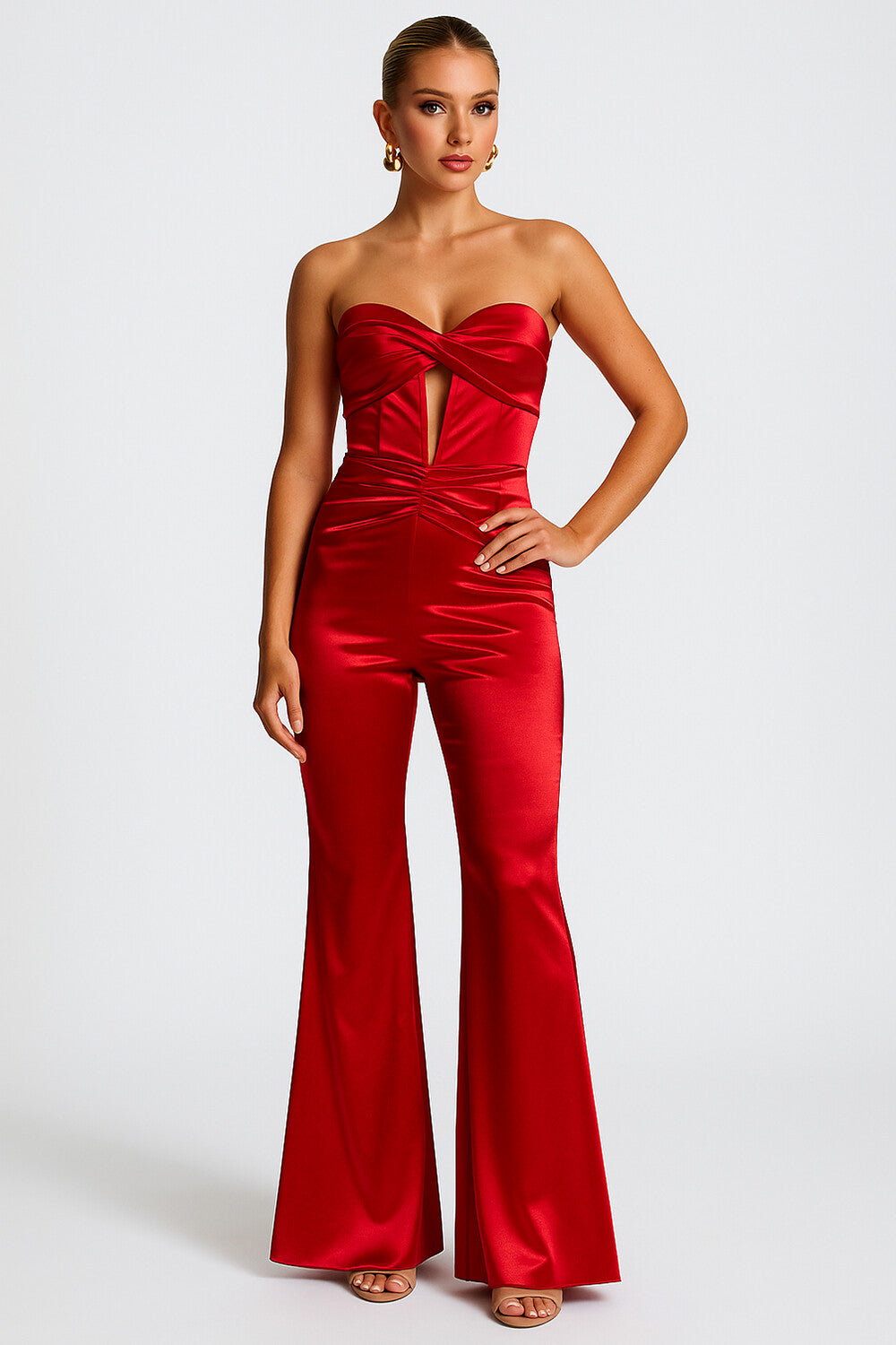 Strapless Twisted Cutout Satin Party Flare Leg Jumpsuit-Red [Pre Order]