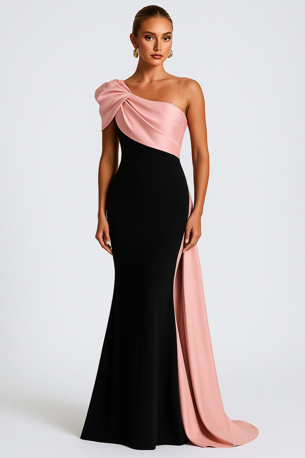Colorblock Twisted One Shoulder Party Maxi Fishtail Dresses-Black [Pre Order]