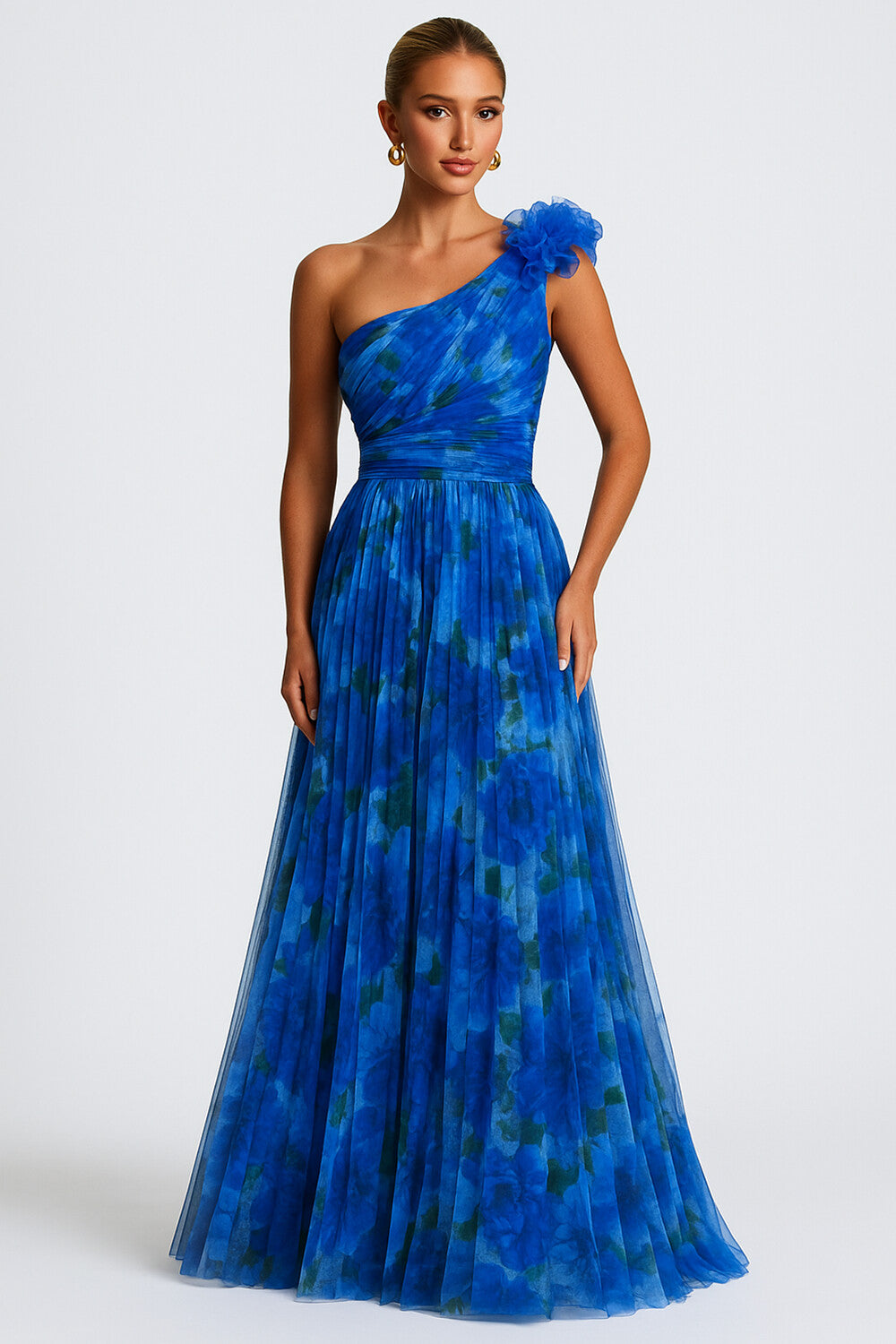 Rosette One Shoulder Floral Print Mesh Party Maxi Dresses-Blue [Pre Order]