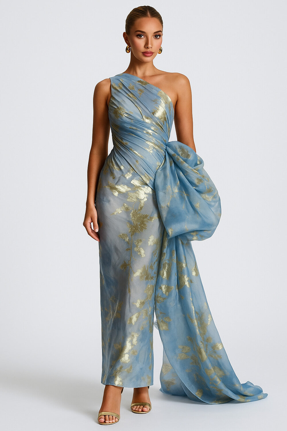 One Shoulder Sash Floral Foil Pattern Party Maxi Dresses-Blue [Pre Order]