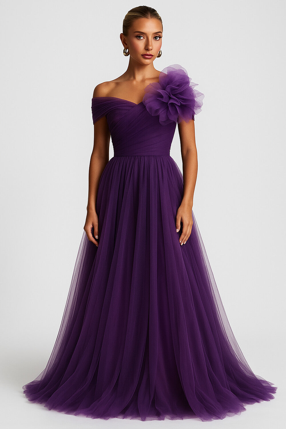 3D Flower Decor Tulle Hem Formal Party Gown Maxi Dresses-Purple [Pre Order]