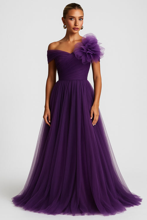 3D Flower Decor Tulle Hem Formal Party Gown Maxi Dresses-Purple [Pre Order]
