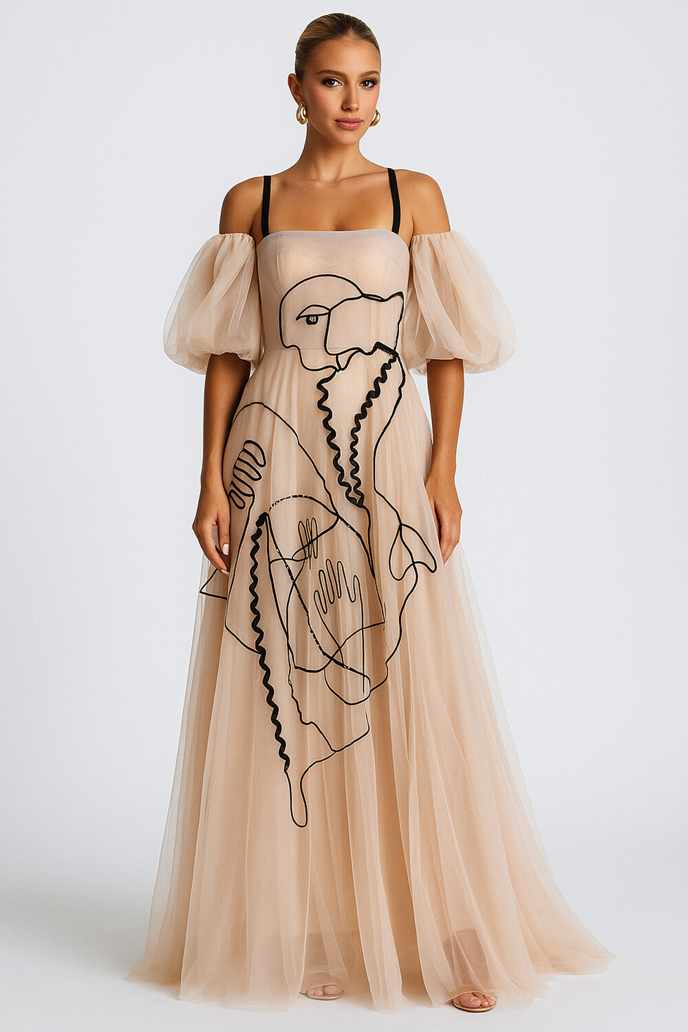 Puff Sleeve Cami Abstract Pattern Vacay Maxi Tulle Dresses-Beige [Pre Order]