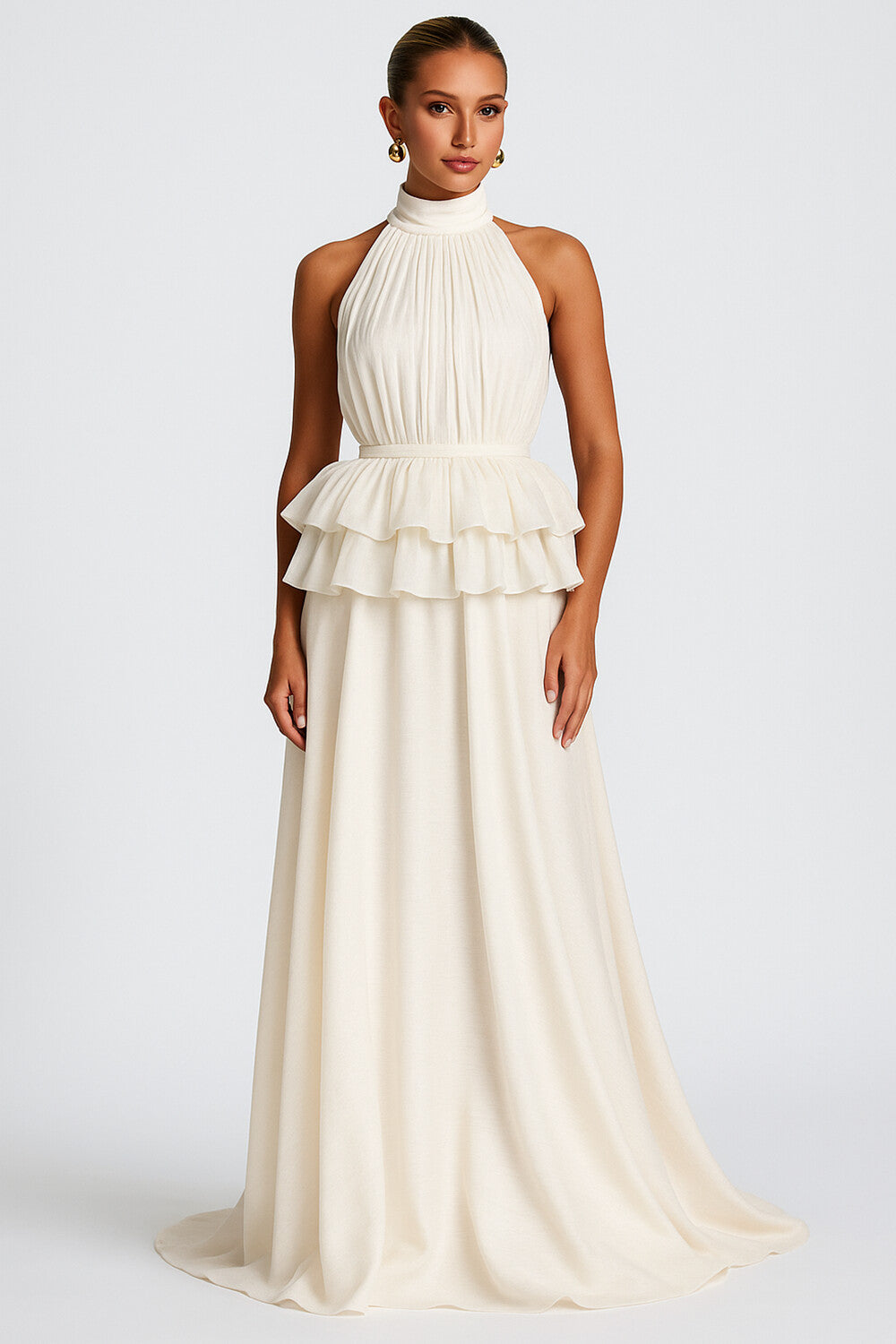 Halter Layered Peplum Party Floor-Length Maxi Dresses-White [Pre Order]
