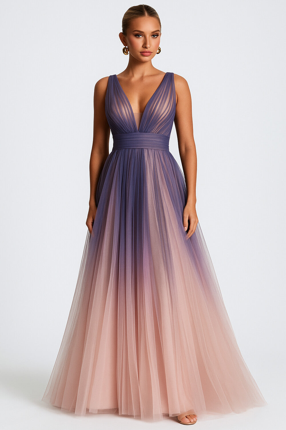 V Neck Sleeveless Ombre Print Tulle Hem Party Maxi Dresses-Pink [Pre Order]